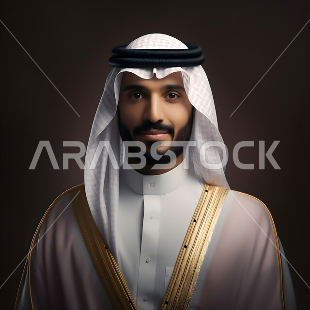 الاهتمام بالمظهر الخارجي, بورتريه مقرب لرجل عربي خليجي سعودي يرتدي الغترة والبشت, مفهوم الاناقة والعناية بالنفس, النظر إلى الكاميرا  بإيماءات الجدية والثقة, صورة شخصية للوثائق الرسمية, خلفية سوداء