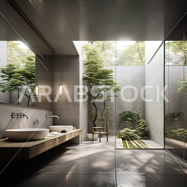 التصاميم المعمارية الهندسية الراقية في أحد المباني السكنيه, الديكورات الداخلية للحمامات وأحواض الاستحمام في إحدى الفنادق الفاخرة, الجدران الرخامية والنباتات الخضراء