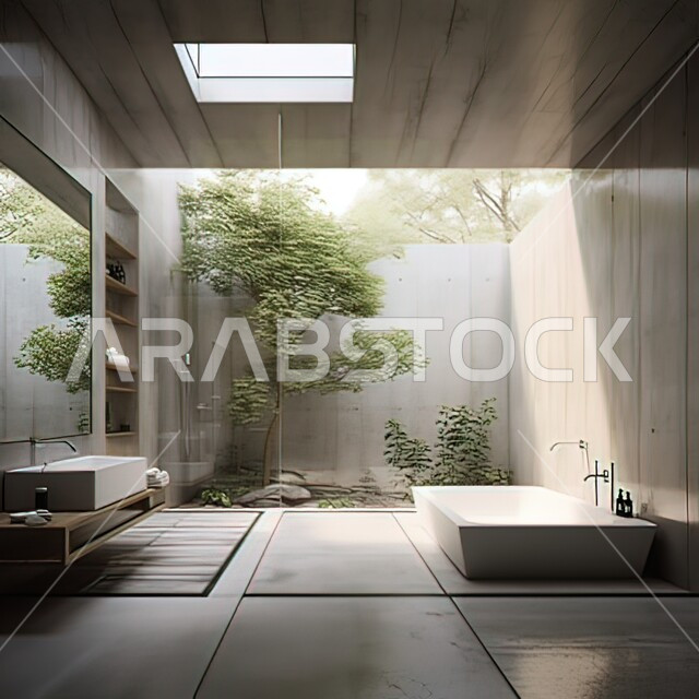 التصاميم المعمارية الهندسية الراقية في أحد المباني السكنيه, الديكورات الداخلية للحمامات وأحواض الاستحمام في إحدى الفنادق الفاخرة, الجدران الرخامية والنباتات الخضراء