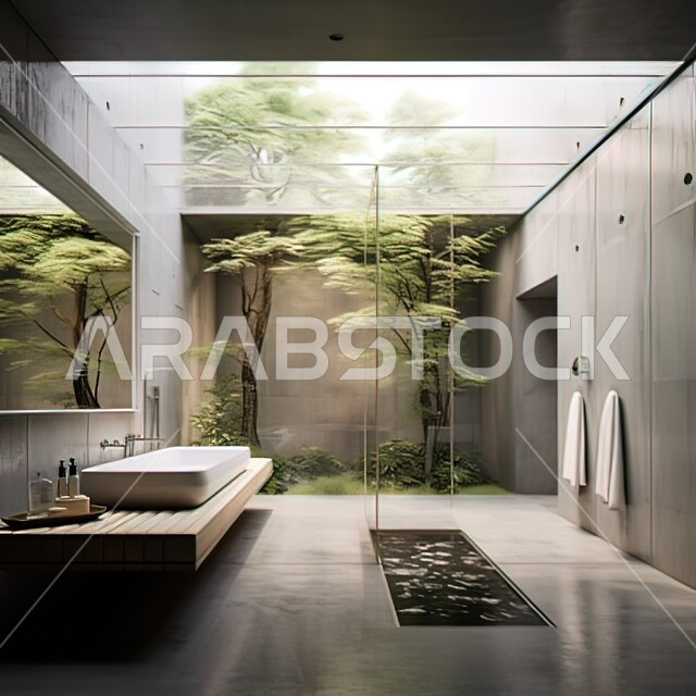 التصاميم المعمارية الهندسية الراقية في أحد المباني السكنيه, الديكورات الداخلية للحمامات وأحواض الاستحمام في إحدى الفنادق الفاخرة, الجدران الرخامية والنباتات الخضراء