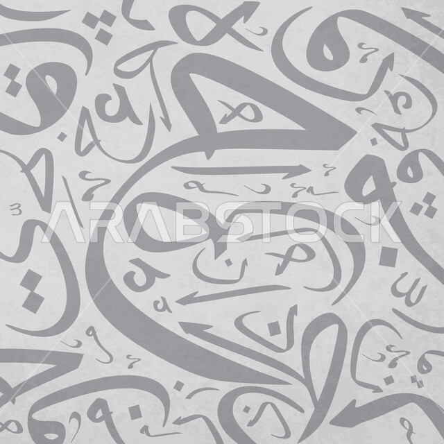 مخطوطة حروف اللغة العربية باللون الرمادي لإحدى الفنون البصرية المشهورة, الكتابة اليدوية وتجميل الحروف الكتابية للفن الكاليجرافي, المهارة والتنسيق والتناغم بالطريقة المكتوبة التيبوغرافية 