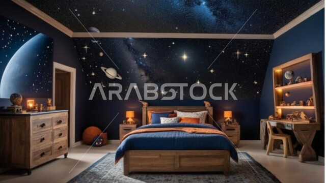 غرفة نوم أطفال ذات طابع فضائي، مراقبة النجوم والكواكب الفلكية، ألعاب وزينة طفولية بأشكال عناصر علم الفلك, شقق سكنية بأثاث منزلي راقي، تصاميم عصرية وديكورات داخلية.