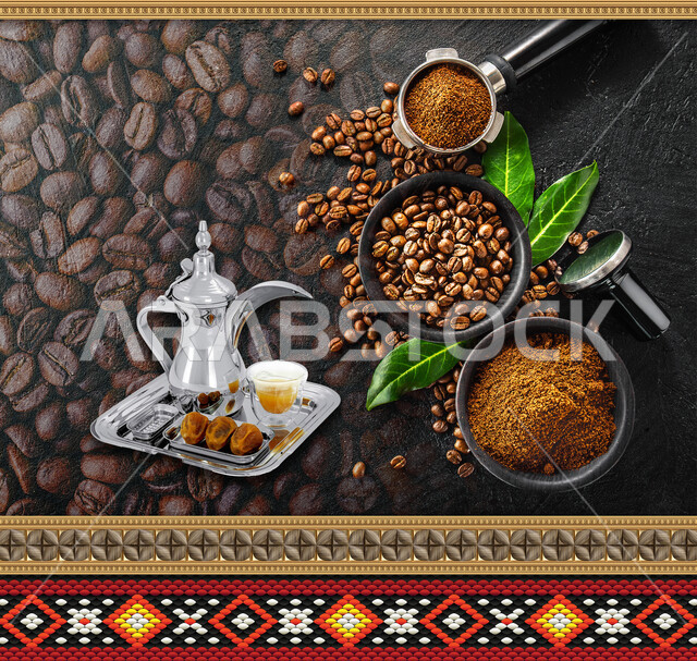 ورق جدران برسوم دلة القهوة العربية مع التمور، أدوات طحن وتحضير حبات البن، كرم الضيافة وحسن الإستقبال عند السعوديين، تقديم المشروبات الساخنة والتقليدية في الكافيهات السعودية، الفخر بأصالة التراث والعادات والتقاليد 