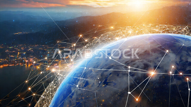 World Wide Web connectivity, digital development and technological growth in the field of artificial intelligence, three-dimensional holographic drawings of a map of the world on the globe, modern digital technology, animated visual effects, Saudi future vision 2030, science fiction background