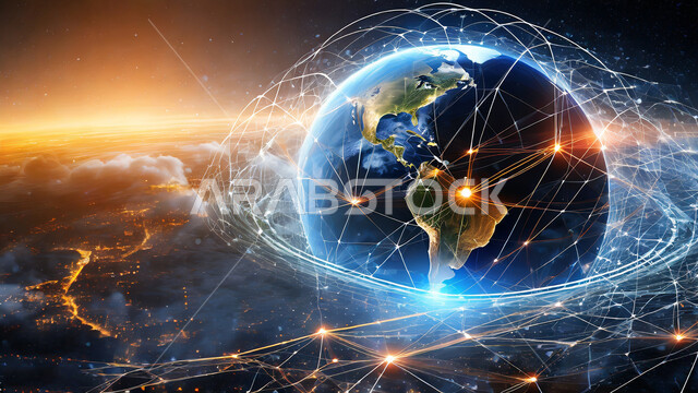 Modern digital technology, global network connectivity, digital development and technological growth in the field of artificial intelligence, three-dimensional holograms of a map of the world on the globe, animated visual effects, a Saudi future vision 2030, science fiction background