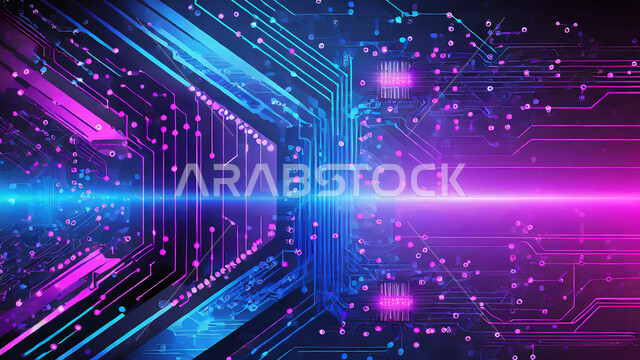 التكنولوجيا الرقمية الحديثة، اتصال الشبكة العالمية، التطور الرقمي والنمو التكنولوجي في مجال الذكاء الإصطناعي، رسوم هولوجراميه ثلاثية الابعاد  باللون الأرجواني للاتصالات، المؤثرات البصرية المتحركة، رؤية مستقبلية سعودية 2030, خلفية خيال علمي 