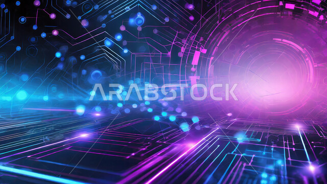 Modern digital technology, global network connectivity, digital development and technological growth in the field of artificial intelligence, 3D holograms in purple for communications, animated visual effects, Saudi future vision 2030, science fiction background