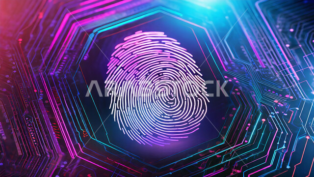 مفهوم الحماية والأمان، أمن تكنولوجيا المعلومات، التطور الرقمي والنمو التكنولوجي في مجال الذكاء الإصطناعي، رسوم هولوجراميه ثلاثية الابعاد لبصمة اصبع باللون الارجواني، المؤثرات البصرية المتحركة, خلفية خيال علمي 