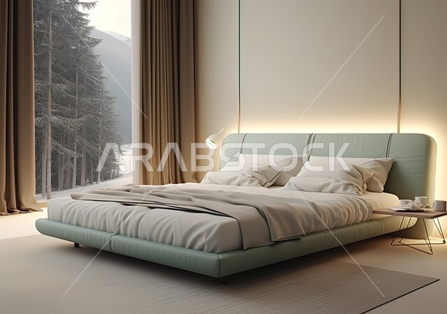 A bedroom with a view of nature and green trees, interior home decor, upscale home furniture, residential apartments and villas with modern designs and decorations, luxury hotels and resorts, large glass windows, resting in quiet natural areas away from the pressures of life.
