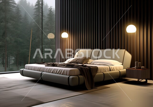 A bedroom with a view of nature and green trees, interior home decor, upscale home furniture, residential apartments and villas with modern designs and decorations, luxury hotels and resorts, large glass windows, resting in quiet natural areas away from the pressures of life.