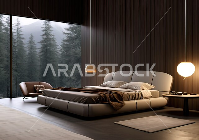  شقق وفلل سكنية بتصاميم وديكورات حديثة، غرفة نوم بإطلالة على الطبيعة والأشجار الخضراء، ديكورات منزلية داخلية، أثاث منزلي راقي، فنادق ومنتجعات فاخرة، نوافذ زجاجية كبيرة، الاستراحة في مناطق طبيعية هادئة بعيدا عن ضغوطات الحياة