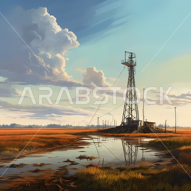 Huge cranes and drilling machines to extract oil and oils, an excavator that explores for oil in the desert during the day, import and export of underground resources, quality tools and equipment for manufacturing and storing petroleum, a view of clouds in the blue sky.