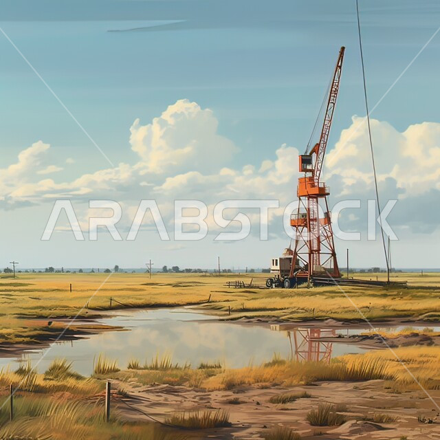 رافعات وآلات حفر ضخمة لاستخراج النفط والزيوت, حفارة تقوم بالتنقيب عن النفط في الصحراء في وقت النهار, استيراد وتصدير الثروات الباطنية، جودة الأدوات والمعدات لصناعة وتخزين البترول، منظر الغيوم في السماء الزرقاء.