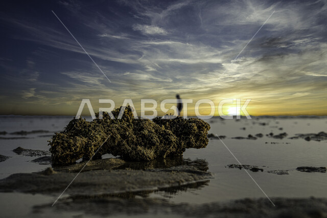 السماء المليئة بالغيوم في المدن الساحلية، صورة مقربة لصخرة في البحيرة المالحة منطقة الخمرة في مدينة جدة, معالم وأماكن سياحية مشهورة, الاستمتاع بوقت غروب الشمس في بحيرة الملح بالمملكة العربية السعودية