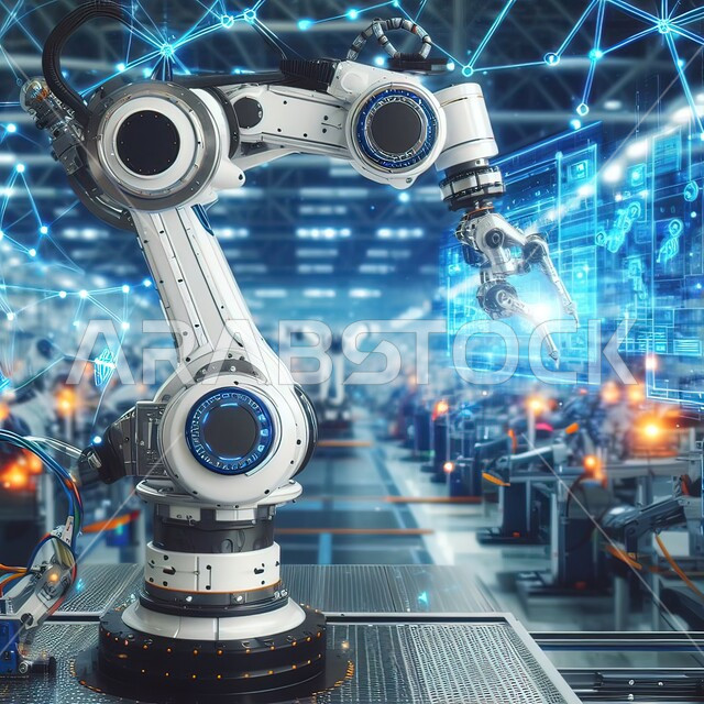 الكفاءة في التصنيع والإنتاج وتحقيق الثورة الصناعية، صورة مقربة لذراع الرجل الآلي في معمل التصنيع، برمجة الروبوتات الذكية و تقنيات الذكاء الاصطناعي، التحول الرقمي والتقدم التقني، رؤية سعودية مستقبلية ٢٠٢٣ ، خلفية هولوجرامية ثلاثية الأبعاد .