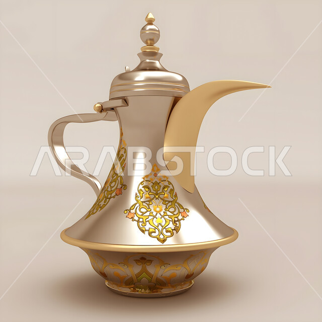 Decorative golden copper Arabic coffee dallah, antique antiques of ancient style, popular customs and traditions in the Kingdom of Saudi Arabia, warm hospitality and warm reception, white background
