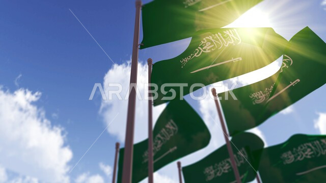راية التوحيد والإسلام وشعار الهوية الوطنية، صورة مقربة لمجموعة من الأعلام السعودية مرفرفة في السماء وضح النهار، الاحتفال بيوم العلم السعودي، رمز المملكة العربية السعودية