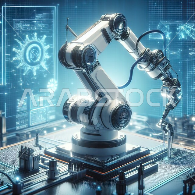 تحسين الانتاج باستخدام الالات والمعدات الذكيه في الصناعات الالكترونيه، تطور التقنيه والتكنولوجيا الحديثه، استخدام الروبوتات الذكية في المصانع، التحول الرقمي والتقدم التقني، رؤية سعودية مستقبلية ٢٠٢٣ ، خلفية هولوجرامية ثلاثية الأبعاد .