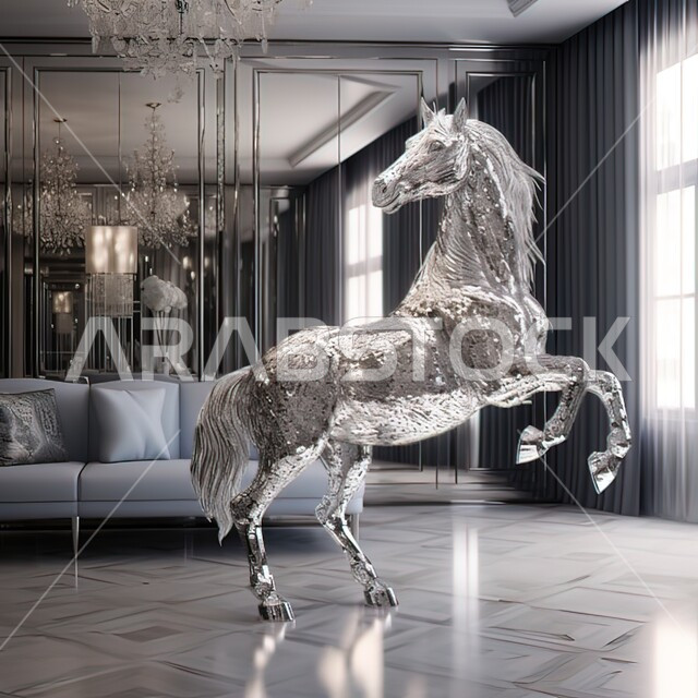 تحفة فنية لمجسم ثلاثي الابعاد لحصان كريستال شفاف عربي اصيل، رمز الشجاعة والفروسية، ديكورات داخلية ومجسمات تراثية تقليدية، تصاميم مبتكرة لتحف مميزة في غرفة المعيشة، الشغف بالخيول العربية السعودية .
