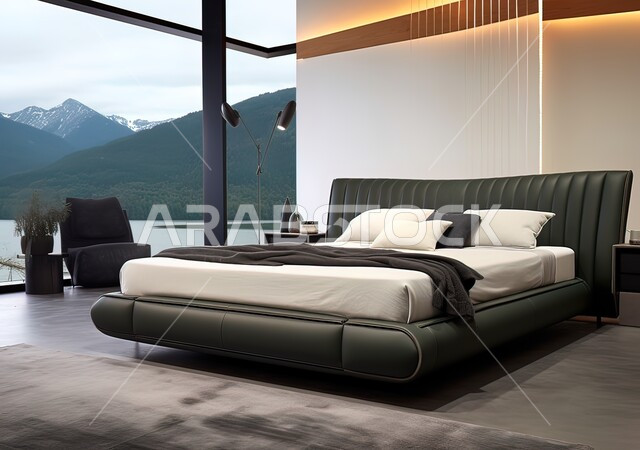 غرفة نوم بتصاميم عصرية حديثة مع اطلالة جبلية طبيعية، شقق وفلل سكنية فاخرة، أثاث منزلي داخلي أنيق، فنادق ومنتجعات بديكورات راقية، فنون التصميم الداخلي والهندسة المعمارية