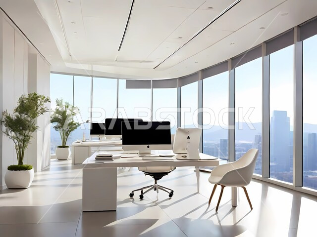 غرفة مكتبية بتصاميم عصرية وتجهيزات حديثة، اطلالة خارجية على المباني والابراج من خلال واجهه زجاجية، فنون التصميم الداخلي والهندسة المعمارية، أثاث أبيض راقي، شركات اعمال  بديكورات فاخرة