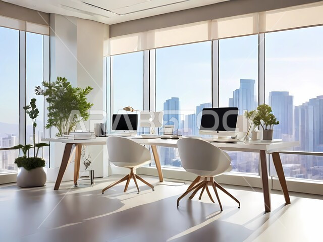 اطلالة خارجية على المباني والابراج من خلال واجهه زجاجية، غرفة مكتبية بتصاميم عصرية وتجهيزات حديثة، فنون التصميم الداخلي والهندسة المعمارية، أثاث أبيض راقي، شركات اعمال  بديكورات فاخرة