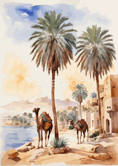 رسم توضيحي بالألوان المائية لأشجار النخيل والجمال العربية والبيوت الطينية القديمة في شبه الجزيرة العربية، رسومات ابداعية ملونة، لوحات الفن التشكيلي للزمن القديم