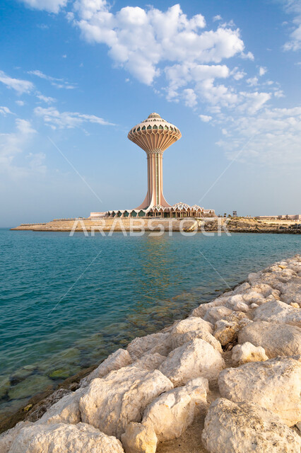 Distinctive architectural engineering arts in the Kingdom of Saudi Arabia, towers and skyscrapers, the water tower on the Khobar Corniche in Dammam, famous tourist places and landmarks, areas to attract and attract tourists from abroad