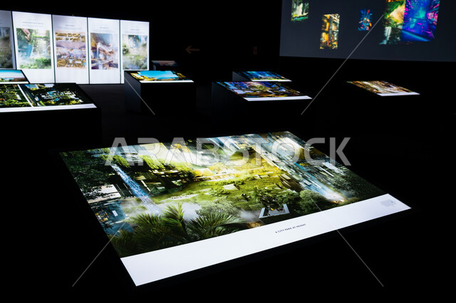 شاشات الكترونية تعريفية في معرض نيوم، رؤية مستقبلية سعودية2030، التعرف على مستقبل المجتمعات الحضرية، التطورات العالمية في التصميمات المبتكرة، مجسمات وتصاميم مدينة المستقبل "ذا لاين" في الرياض، عروض مرئية وتقنيات هندسية ومعمارية