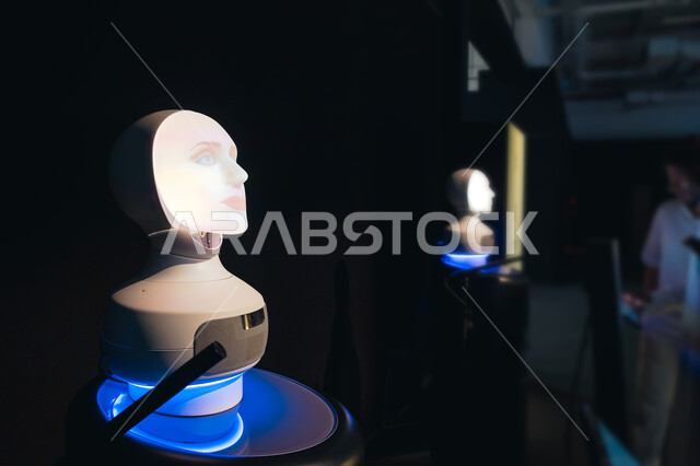 روبوت ذكاء اصطناعي في معرض نيوم، تطور التكنولوجيا الرقمية، التعرف على مستقبل المجتمعات الحضرية، التطورات العالمية في التصميمات المبتكرة، نماذج ومجسمات تصاميم مدينة المستقبل "ذا لاين" في الرياض، عروض مرئية وتقنيات هندسية ومعمارية، رؤية مستقبلية سعودية 2030