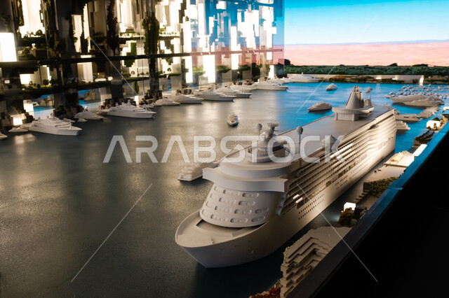 مجسمات للسفن واليخوت الفاخرة في المياه، معرض نيوم لنماذج تصاميم مدينة المستقبل "ذا لاين" في الرياض، عروض مرئية وتقنيات هندسية ومعمارية، الابتكارات المستقبلية في البنية التحتية للمدن الذكية، رؤية سعودية مستقبلية 2030، الاستدامة والتخطيط المعماري لقطاع العقارات