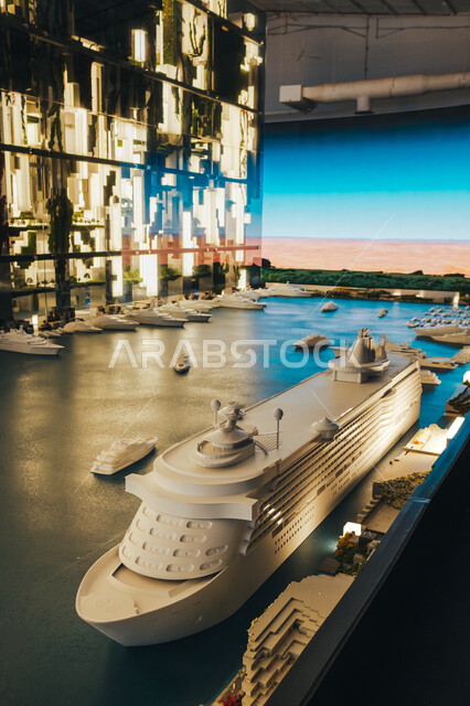 مجسمات للسفن واليخوت الفاخرة في المياه، معرض نيوم لنماذج تصاميم مدينة المستقبل "ذا لاين" في الرياض، عروض مرئية وتقنيات هندسية ومعمارية، الابتكارات المستقبلية في البنية التحتية للمدن الذكية، رؤية سعودية مستقبلية 2030، الاستدامة والتخطيط المعماري لقطاع العقارات