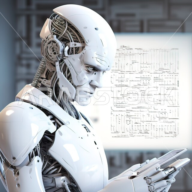 تحقيق الثورة الصناعية، صورة مقربة لروبوت بشري يعمل بمخططات تقنية, شبكة البيانات الضخمة والتحول الرقمي، الابتكار والعلوم وتكنولوجيا الذكاء الاصطناعي، رجل آلي حديث ومتطور بتقنيات عالية، رؤية مستقبلية سعودية ٢٠٣٠ .