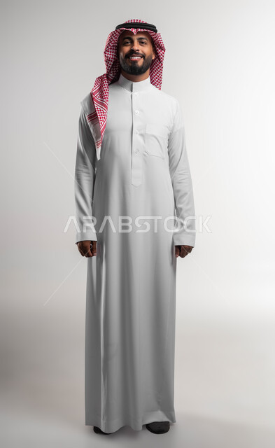 النظر إلى الكاميرا بإيماءات السرور والسعادة، صورة شخصية للوثائق الرسمية، بورتريه لشاب عربي سعودي خليجي مبتسم يرتدي الشماغ والثوب السعودي التقليدي يقف بإستقامة وثقة بالنفس، صورة الجسم بالطول الكامل, خلفية بيضاء