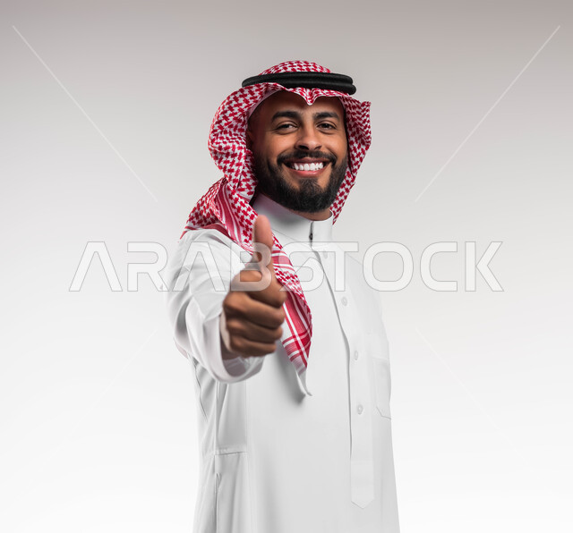 مفهوم الإمتياز والتميز، إيماءات الموافقه والقبول، بورتريه مقرب لشاب عربي خليجي سعودي مبتسم يرتدي الشماغ والثوب التقليدي يرفع إصبع الابهام الى الاعلى، إشارات وحركات الاعجاب والرضا، خلفية بيضاء