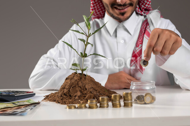 ترتيب وتنظيم الحسابات والقروض البنكية, التوفير والإدخار والتخزين المالي, بيئة العمل المكتبية, مفهوم الاستثمار الاقتصادي, تمويل المشاريع المستقبلية, بورتريه لرجل عربي خليجي سعودي يرتدي الثوب التقليدي والشماغ يقوم بإحصاء الأموال, خلفية رمادية