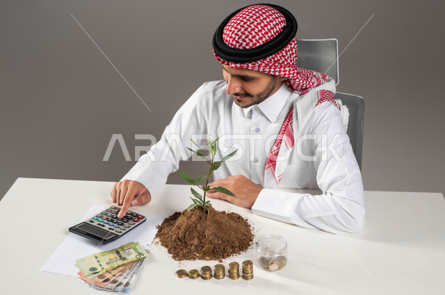 Dealing with cash and paper currencies, statistics and bank loans, work in accounting management, office work environment, portrait of a Saudi Gulf Arab man wearing a traditional thobe and shemagh performing calculations using a calculator, the concept of financial abundance, gray background