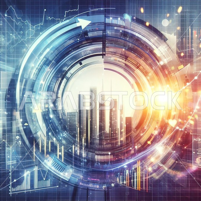 Rising financial indicators, digital development and technological growth in the field of artificial intelligence, three-dimensional holographic graphics for business and company backgrounds, modern digital technology, animated visual effects, a Saudi future vision 2030