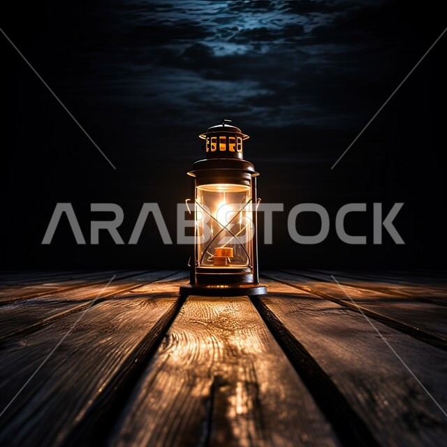 فانوس معدني مضيء على سطح خشبي في وقت الليل، ادوات انارة واضاءة ليلية، فوانيس وزينة استقبال شهر رمضان المبارك