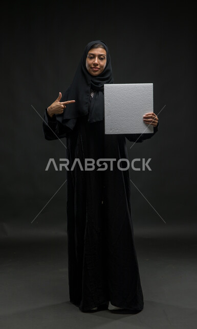Ads, advertisements and marketing offers, portrait for a smiling Arab ...