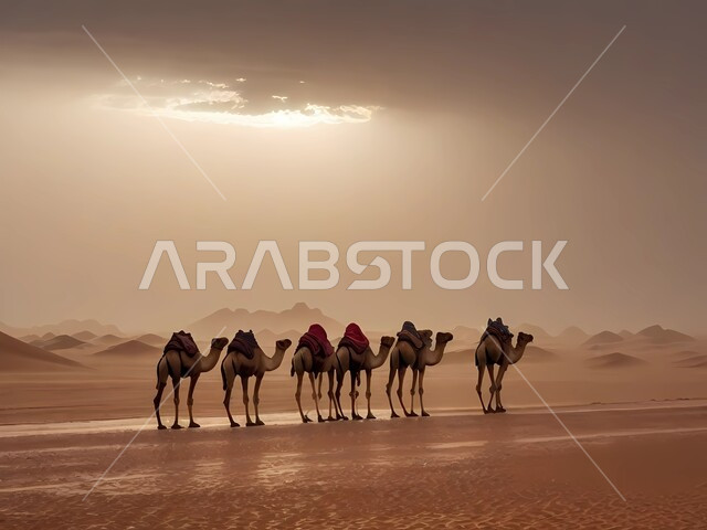 تربية المواشي والحيوانات في المحميات الطبيعيه, مجموعة من الجمال تسير في المناطق الصحراوية في المملكة العربية السعودية، قطيع من حيوان الإبل سفينة الصحراء يمشي على الرمال الذهبية الناعمة في الأجواء الضبابية الماطرة، منظر السماء الملبدة بالغيوم