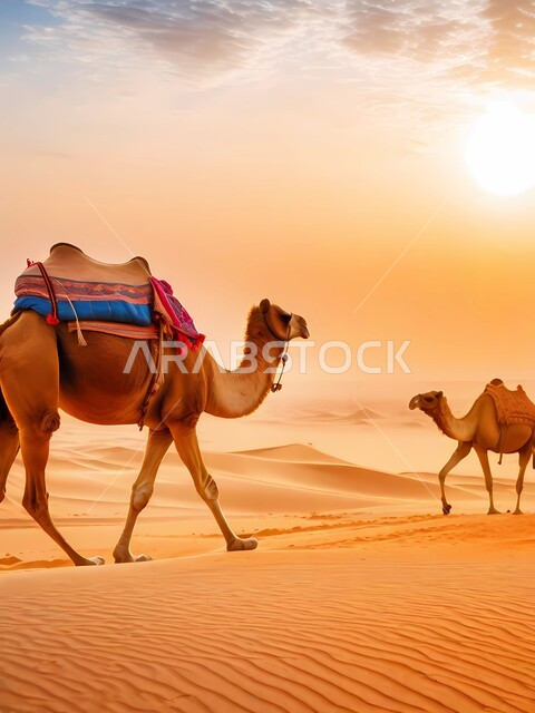 حيوان الإبل سفينة الصحراء يمشي على الرمال الذهبية الناعمة في وقت النهار، تربية المواشي والحيوانات في المحميات الطبيعيه, مجموعة من الجمال تسير في المناطق الصحراوية في المملكة العربية السعودية