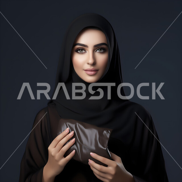 الاهتمام بالمظهر الخاجي، بورتريه مقرب لامرأة عربية خليجية سعودية محجبه مبتسمه ترتدي العباءة السوداء و تحمل بيدها حقيبة سوداء جلدية، النظر إلى الكاميرا، مفهوم الاناقة والأنوثة، خلفية سوداء