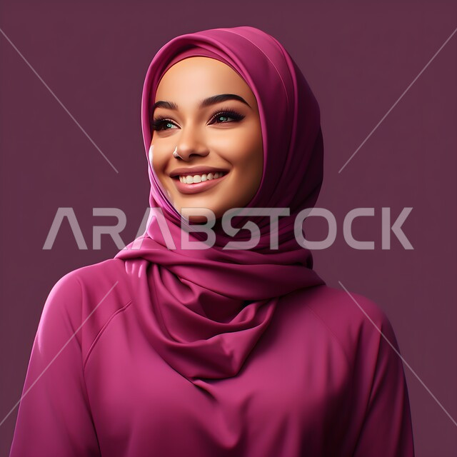 Looking at something, paying attention to the external appearance, a close-up portrait of a veiled Saudi Arabian Gulf woman, smiling, wearing a pink abaya, the concept of elegance and femininity, a purple background