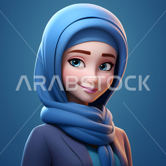  مفهوم الاناقة والشياكة، رسوم كرتونية ثلاثيه الابعاد لسيدة عربيه خليجية سعودية مبتسمة ترتدي الحجاب الازرق تقف باستقامه وتنظر إلى الكاميرا، الاهتمام بالمظهر الخارجي، خلفية زرقاء