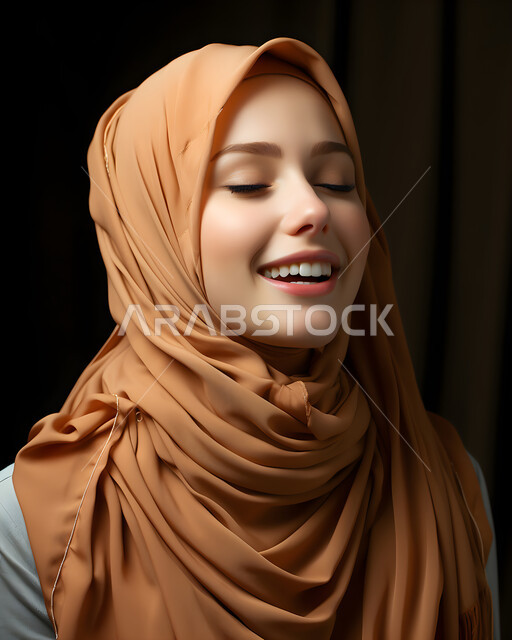 ايمارات السرور والسعادة، صورة مقربة لامرأة عربيه خليجية سعودية محجبة تغمض عينيها للتعبير عن الفرح بالضحكات العالية، سماع النكت والفكاهات ، الاناقة والاهتمام بالمظهر الخارجي