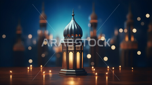 Islamic lanterns and antiques to celebrate the coming of the month of goodness, a traditional Arabic metal lamp decorated with luminous lights, lighting and decorations for the holy month of Ramadan, decorations and lights in the spiritual Ramadan atmosphere, Islamic geometric art antiques and accessories.