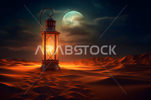 ديكورات وأنوار في الأجواء الرمضانية الروحانية، مصباح عربي تقليدي معدني مزخرف مضيء، فوانيس و تحف اسلامية للاحتفال بقدوم شهر الخير، إضاءة وزينة شهر رمضان المبارك، الفن الهندسي الاسلامي للتحف والاكسسوارات، خلفية الصحراء والكثبان الرملية