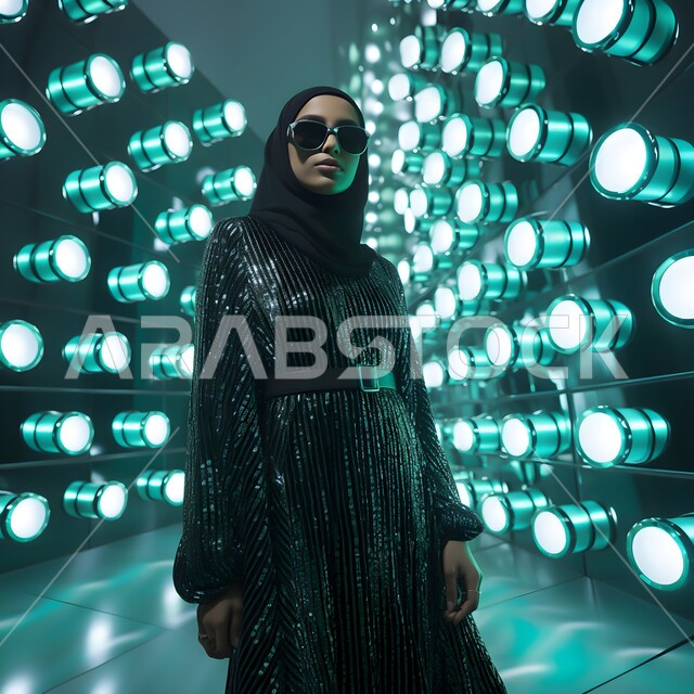 Modern women's clothing and veils, the concept of femininity, softness, and attention to external appearance, a veiled Saudi Gulf Arab woman wearing a black abaya and sunglasses standing straight and looking at the camera, a background of white lights