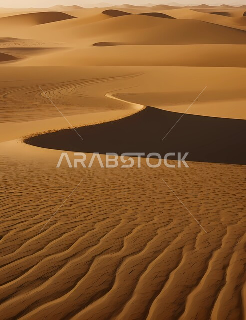 Soft sand and golden sand dunes, rock formations and formations in the desert of the Kingdom of Saudi Arabia, desert regions and the natural desert environment in broad daylight, highlands, terrain and mountain peaks in the prairies, nature background